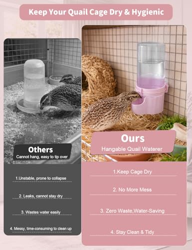 Quail Chick Waterer with Anti-Drowning Shallow Tray, 16.6 fl oz Automatic Gravity Button Quail Waterer, Hanging or Free-Standing Bird Water Dispenser for Wire Mesh Cages and Brooders (Pink) - color: Pink