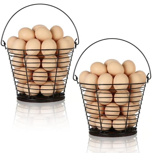 LemonRoad 2 Pack Egg Baskets with Wooden Base and Handle, 7.7 Inch Large Egg Gathering Basket for Count, Farm Eggs Collecting Basket Eggs Storage Holder for Kitchen Farm Countertop (holds 40)