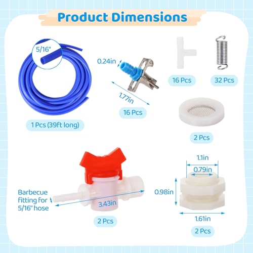 Automatic Rabbit Watering Kit - Including 5/16" Hose, 16 PCS Nipple Drinkers, Barb Fittings to G1/2" Thread Connectors, T-Fittings, Springs, and Gaskets, Automatic Rabbit Watering System