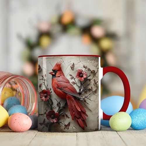 Cardinal Bird Coffee Mug, 11oz Ceramic Red with Songbird and Flower Design, Gift for Women, Nature Lovers, Birthdays, Tea, Coffee, Hot Chocolate Lovers, Artistic and Elegant (Red Cardinal Bird) - color: Cardinal Bird