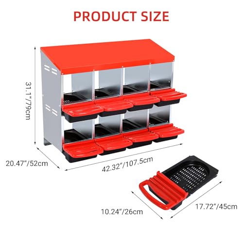 Chicken Nesting Boxes for Chickens,8 Hole Metal Roll Away Nest Box for Chicken Coop,Chickens Laying Egg, Lid Cover to Protect Eggs,Easy Egg Collection,Hen Roosting Boxes - color: red, size: 8 holes