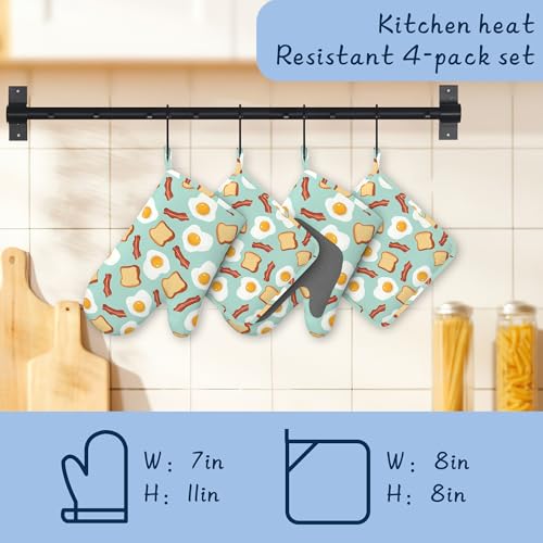 Heat Resistant Pot Holders and Oven Mitts,Funny Poached Eggs Extra Long Kitchen Oven Mitt Set,Cute Bread Cotton Lining Anti-Slip Waterproof Kitchen Mittens Hot Pan Holder for Baking Cooking Grilling - color: Funny Poached Eggs