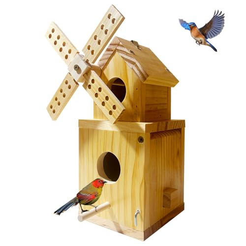 Wood Bird House, Hanging Windmill Bird Houses for Outside, Cedar Birdhouse Outdoors for Robin Budgie Swallow Little Sparrow Finch Throstle, Bluebird Houses for Outside, Assembly Required