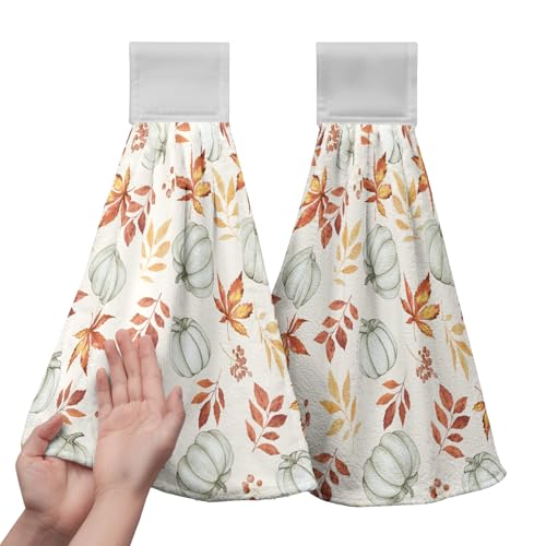 Fall Orange Leaves Pumpkin Kitchen Hanging Towels Autumn Thanksgiving Harvest Hand Towels with Hanging Loops Set of 2 Oven Stove Dish Hang Towel Soft Absorbent Bath Tie Towel - color: Fall Pumpkin Leaves Orange White