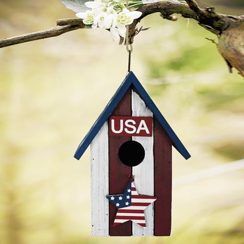 Patriotic Wood Bird House for Outside, Hanging Birdhouse for Outdoor Garden Decorative US Flag Bird House Nest Home for Wrens and Small Birds