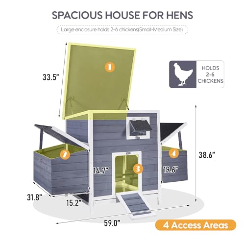 59" Chicken Coop for 2-6 Chickens, Wooden Chicken House with 2 Nesting Boxes, Outdoor Hen House Poultry House Pet Hutch Chicken Cage with Openable Roof & Ramp, 59''L*33.5''W*38.6''H