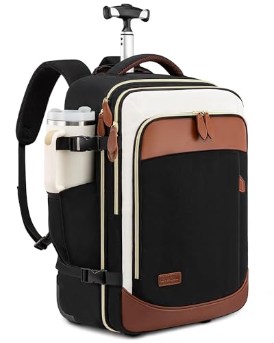 LOVEVOOK Rolling Backpack for Women, 50L Travel Backpack with Wheels, Carry on Luggage for Men, 17.3 Inch Wheeled Laptop Bag, Flight Approved Personal Item Suitcase - color: H-black-beige-brown, size: XLarge - 18.5 Inch - 50L - 1 Pcs with Wheels
