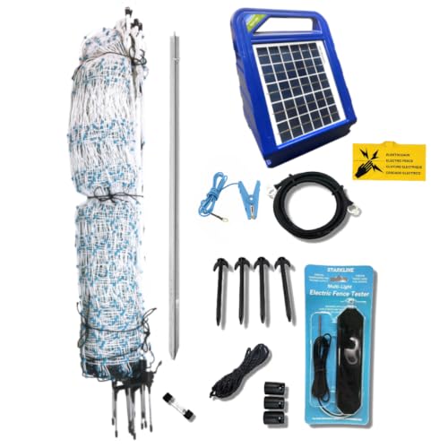 Starkline 48" x 164' Premium Electric Poultry Netting Solar Kit | White/Blue All-in-One Solar Electric Fence Kit for Backyards, Homesteads, Farms, and Ranches