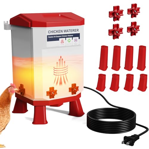 Heated Chicken Waterer 1.9 Gal, Winter, Freeze Proof Chicken Waterer, 4 Nipples for Clean Water，Detachable Legs, Adjustable Height for Chickens, Pigeons, Beaked Poultry
