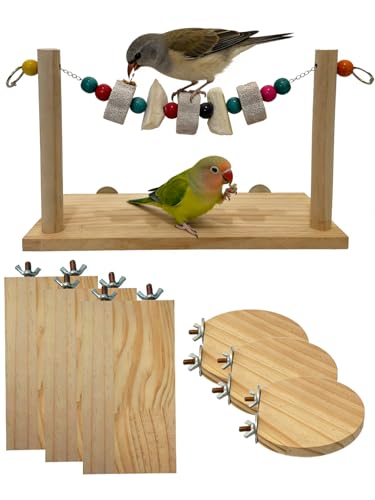 Bird Ledges Wood Sets, Parakeet Wooden Stand Platform with Lava Ledge Blocks Chew Toys Bird Cage Cage Accessories for Finches Canaries Cockatiels Parrot