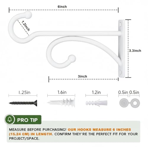 2Pack 6 Inch Plant Hangers Outdoor, Wall Hooks for Hanging Planters Baskets | Heavy-duty metal, indoor outdoor wall mount, for flower pots, wind chimes, lanterns, bird feeders, White - size: 6Inch 2Pack-White