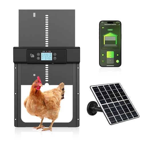 Automatic Chicken Coop Door Solar Powered, Aluminum Alloy Duck Door with LED Display, Timer & Light Sensor, 4 Modes Combo, Smart APP Remote Control Intelligent Pinch Protection - Black
