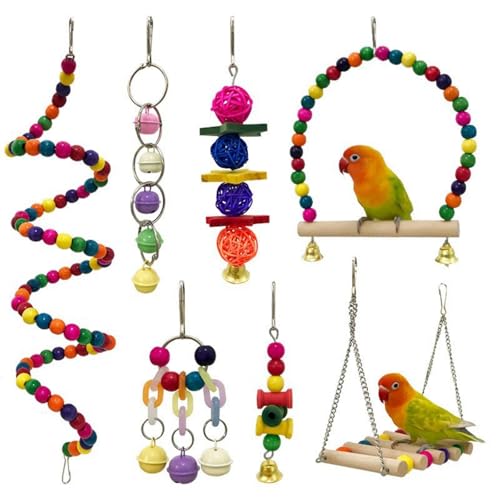 7 Packs Bird Toys for Parakeets, Colorful Parrot Toys with Swings, Bells, Beads, and Perches, Natural Wood Bird Cage Toys for Cockatiels, Lovebirds, Budgies, Conures, and Small Birds