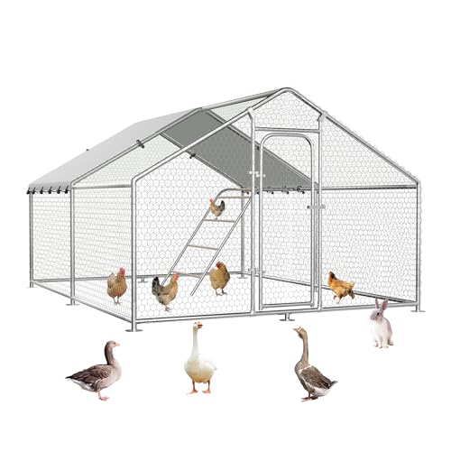 Large Metal Chicken Coop with Cover, Outdoor Chicken Run | Spire roof walk-in cage with waterproof UV-resistant cover, 10' x 9.9' x 6.4' outdoor enclosure for poultry and small animals - size: 119.0"L x 119.0"W x 78.0"H