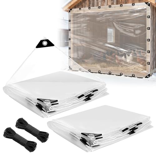 10x12ft Anti-Tear Clear Tarp Waterproof - 2pcs Windproof Poly Tarpaulin, Heavy Duty Transparent Enclosure with Grommets for Covering Chicken Coops Greenhouse Garden Plants - size: 10x12ft