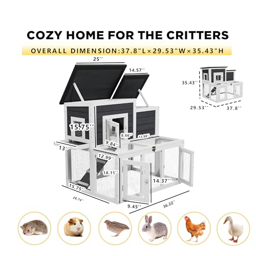 Outdoor Rabbit Hutch Wooden Bunny Cage for Small Animals | 2-Tier Chicken Coop, Waterproof Asphalt Roof, Non-Slip Ramp, Openable Top, Pull-Out Cleaning Tray - color: Gray+Black
