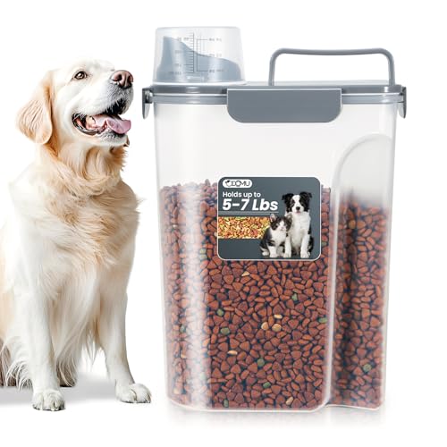Dog Cat Food Storage Container with Cup (Dark Gray, 5L) | Pet Food Pourable Container Airtight with Large Spout, BPA-Free Plastic Food Dispenser for Pet Food, Bird Seed, Rice, Flour - color: Dark Gray, size: 5L