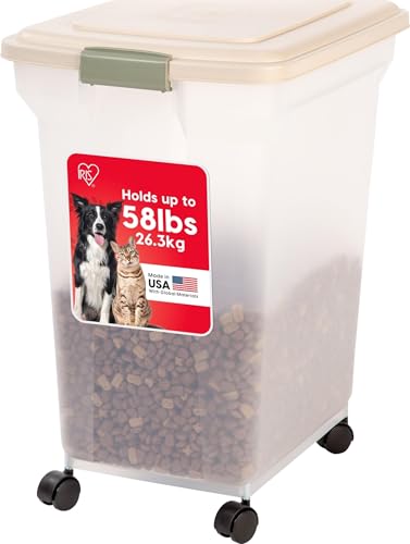 IRIS USA Dog Food Storage Container, Up to 58 lbs, Almond, Made in USA | Wheels for Mobility, Airtight Seal, BPA-Free, Best for Bird Seed, Cat food, Cat Litter, Chicken Feed, Pellets - color: Almond, size: 58 lbs