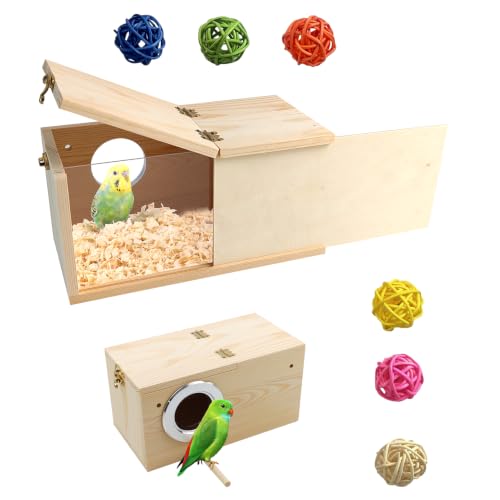 Parakeet Cage Nest Box Visible and Detachable Bird Nest Breeding Box with Perch Natural Wood Bird Nesting for Cockatiel Lovebirds Budgie Finch Parrotlets Canary（XS 7.8 * 4.7 * 4.7inch） - size: [S]