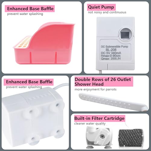 Automatic Parakeet Bird Bath with Pump,Parrot Shower Bathtub (Pink) | Circulating Water System Large Bird Fountain Bath Bathing Tub for Budgie Cockatiel Lovebird Conure - color: Pink