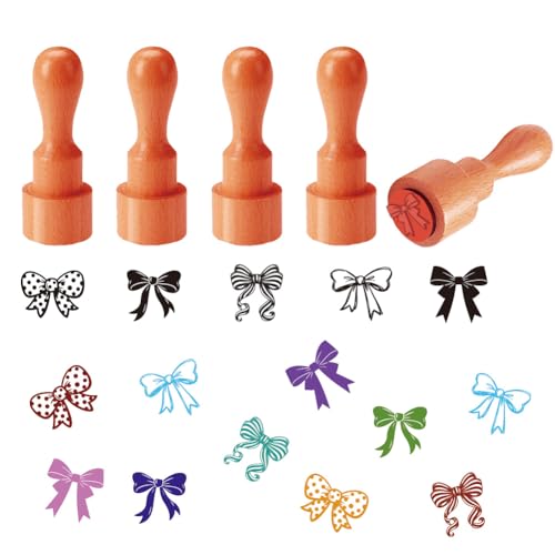 AHANDMAKER 5 Styles Bow Patterns Wooden Rubber Stamp Small Mini Stamp Ribbon Bow Rubber Stamp for DIY Making Scrapbooking Card Stamping Pottery Clay Crafting - style: Bowknot