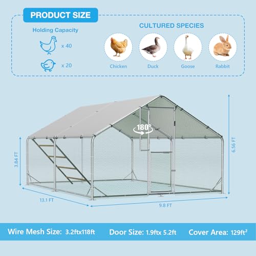 Large Metal Chicken Coop, Outdoor Chicken Run with Cover, 10x13x6.5 FT | Heavy-Duty Poultry Enclosure & Chicken Pen with Split Doors, Galvanized Steel Frame, Free Wire Mesh Fence and Roosting Ladder - size: 118.1"L x 78.7"W x 157.5"H