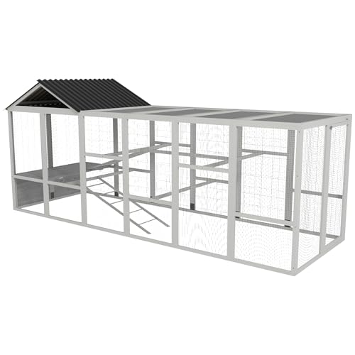 PawHut Wooden Chicken Coop Run for 6-10 Chickens 141.75" x 48" x 61" Gray | Hen House, Poultry Cage Add-On, Storage, Perches - color: Gray