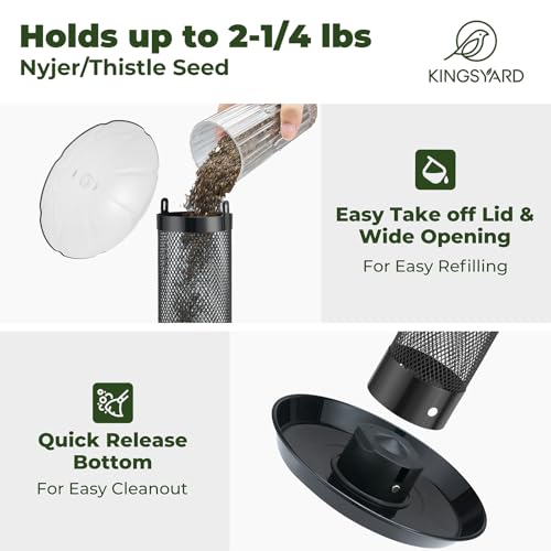 Kingsyard Finch Thistle & Nyjer Bird Feeder for Outdoors Hanging | 9.5" Rustproof Metal Removable Tray, 11.5" Weatherproof Dome, 2.5 lb Seed Capacity, Garden & Backyard Birding Gift, Black - color: Black
