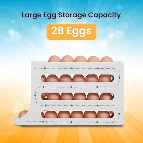 ZAYLAN Auto-Rolling Egg Holder for Fridge – 4-Tier Space-Saving Dispenser Holds 28 Eggs, White Organizer with FREE Flower Egg Cutter - color: WHITE