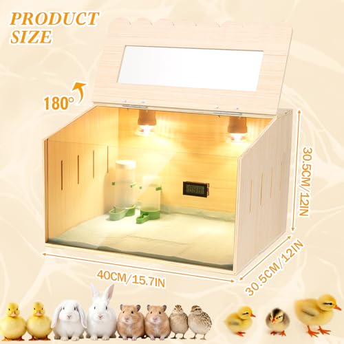 Wooden Chick Brooder Box Kit with Adjustable Dual Heater & Thermometer, Poultry Hatching Enclosure with 10 Pads, Feeder, Waterer - Natural Wood Brooder Heater for Baby Chicken, Quail, Ducklings