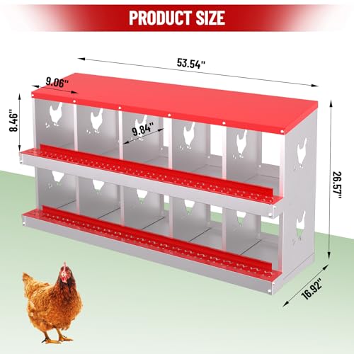 Garvee 10-Compartment Metal Chicken Nesting Box, Rustproof Galvanized Steel with Ventilated Holes, Removable Trays & Sturdy Bracket Legs, Easy Egg Collection - Red - color: Red, size: 10 Compartments