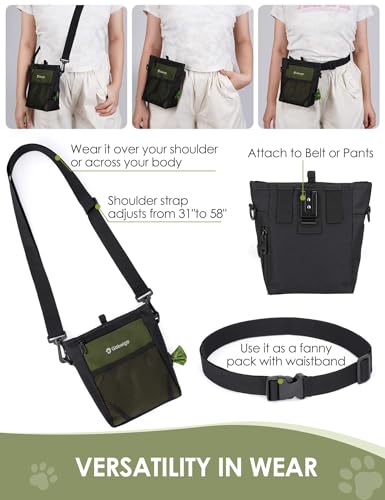 4 Cup Dog Treat Pouch with Silicone Insert Bag& Clicker(Army Green) | 2 Pair Magnetic Closures, Belt Clip/Waist Belt/Crossbody Wear, Zipper Pocket Poop Bag Holder for Pet Training/Daily Walking - color: Army Green