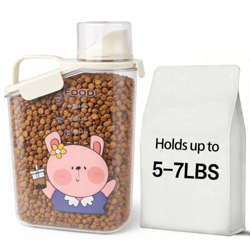 Pet Food Storage Container, 6 lb Airtight Cat Food Bin, Cute Cartoon Design | Wide pour spout, measuring cup cap, silicone seal, snap locks, carry handle, clear body, food-safe storage for 6 lb dry food