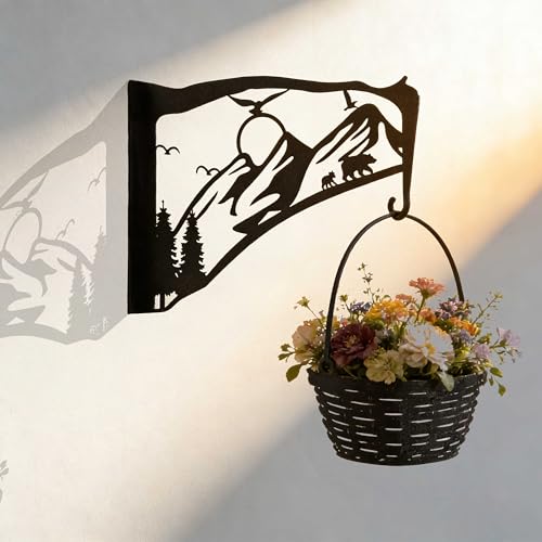 Black Metal Bird Feeder Wall Hanger Indoor Outdoor, Heavy Duty Hook Holder for Basket Plant Pot, Staghorn Fern, Bird Feeder and Wind Chime, Mountain Decor for Wall Window Patio Porch Garden - color: Mountain