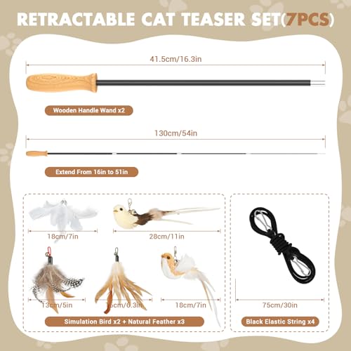 ROSAUI Cat Teaser Wand Toys, Interactive Bird Toy for Indoor Kittens, 53.15’’ Long Cat Fishing Pole Toys, 2X Wires and 5X Natural Refills, Sustainable Wooden Handles, Exercising, Playing - style: 53.15’’ Cat teaser wand toys