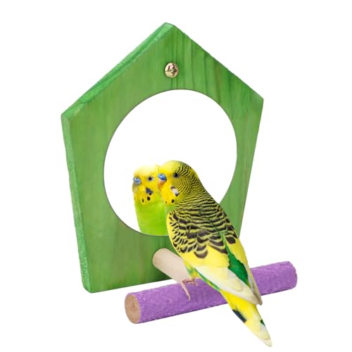 Hypeety Bird Mirror Toy with Perch Cage Standing Perch Wood Toy for Parrots | Natural wooden perch included, clear acylic miror, for parakeet/cockatiel/finch/conure/lovebird, random color, rhombic shape - color: Rhombic Shape