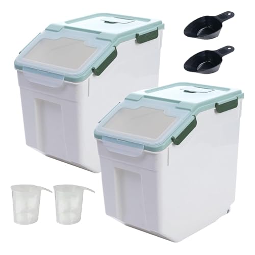 2 Pack Rice Storage Container with Measuring Cup 50 lb Flour Storage Container with Wheels, BPA Free Food Storage Container Dog Cat Food Bin Set for Dry Food Sugar, Cereal(Green) - color: Green 2Pack 50Lb