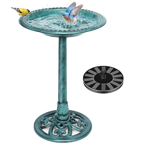 VIVOHOME Bird Bath with Solar Fountain for Outside, Pedestal, Green | Solar-Powered Pump, Weather-Resistant Polyresin, 20-Inch Bowl, for Outdoor/Garden, Bird-Friendly, Easy to Clean - color: Green