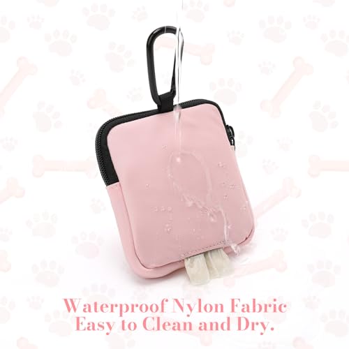 Dog Treat Pouch with Training Clicker,Waterproof Nylon Fabric Poop Bag Holders for Leashes,Hands Free Small Dog Walking Bag with Carabiner, Pet Puppy Training Walking Essentials (Pink) - color: Pink