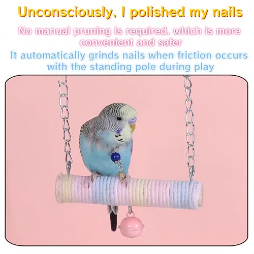 Parrot Swing A Standing Pole, Colorful Cotton Rope Wooden Swing with Metal Chain and Clasp（1Pcs）