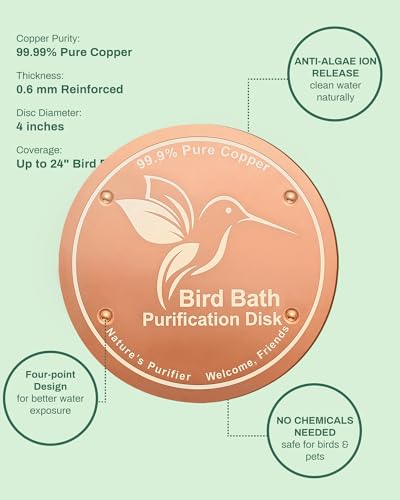 OICEME Bird Bath Purification Disc Pure Copper Outside Winter Solar Power Birdbath Hanging Bowl Deicer Cage Metal Deck Railing Glass Concrete Ceramic Stone Ground Water Birdhouse Gifts - color: Gold 1PCS Bird