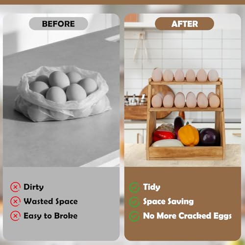 HAITRAL 3-Tier Wooden Egg Holder, Retractable Countertop Rack Hold 70 Egg | Farmhouse Egg Rack With Handle, for Fresh Chicken Egg, Duck Egg, Suitable for Home Kitchen