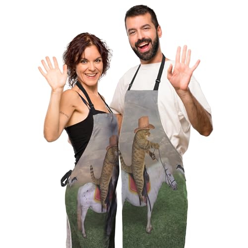 Kitchen Aprons for Women the Cat Cowboy on a Horse Mans Cooking Apron for Cooking Restaurant BBQ Painting Crafting Gardening 27” (W) x 31” (H), Waterproof Aprons - color: The Cat Cowboy on a Horse
