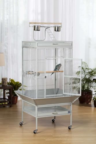 Prevue Pet Products Wrought Iron Select Bird Cage Pewter White Hammertone 3152W | Large Steel Cage with Rolling Stand and Seed Guards, Durable Design, Ideal for Conures and Medium Birds - color: Pewter, size: 24.0"L x 20.0"W x 60.0"H