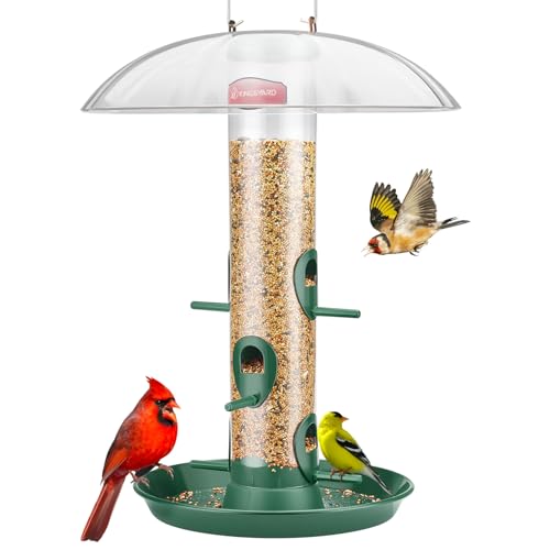 Kingsyard 6-Port Tube Bird Feeder for Outdoors Hanging | 9.5" Rustproof Metal Removable Tray, 11.5" Weatherproof Dome, 3 lb Seed Capacity, Garden & Backyard Birding Gift, Green - color: Green