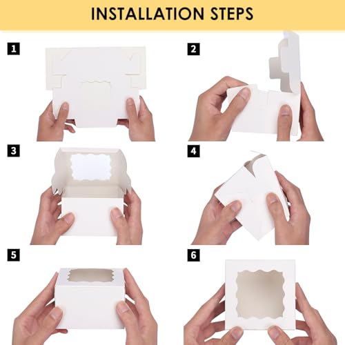 Moretoes 50pcs Small Cookie Boxes with Window, 4x4x2.5In White Bakery Boxes | Food-grade Treat Boxes with 5pcs Stickers for Small Cookies, Treats, Desserts, Chocolate Covered Strawberries, Mini Cake - color: White