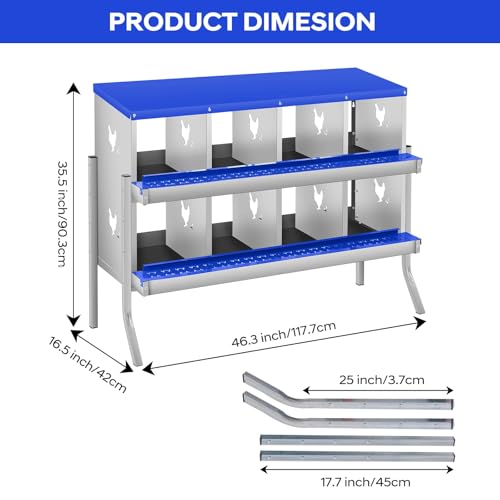 Garvee Chicken Nesting Box, 8 Compartments Nesting Box for Chickens, Galvanized Steel Chicken Laying Box for Easy Egg Collection, Wall Mounting - color: Blue | 8 Compartments+legs