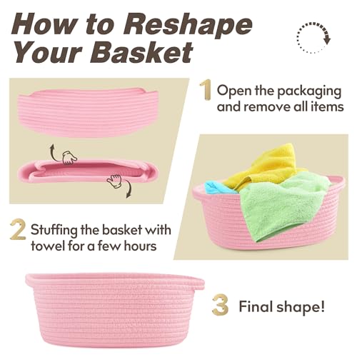Pro Goleem Small Woven Basket with Gift Bags and Ribbons Durable Baskets for Gifts Empty Small Rope Basket for Storage 12"X 8" X 5" Baby Toy Basket with Handles, Pink - color: pink