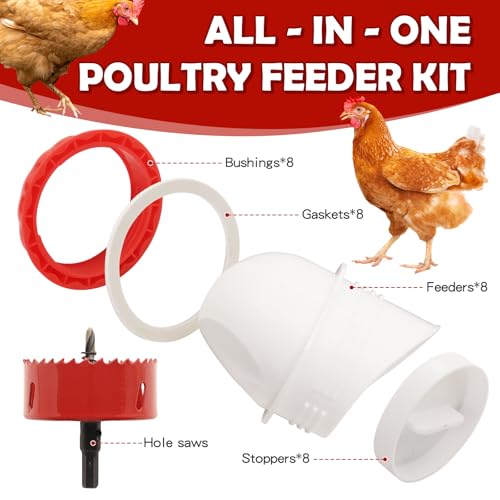 Chicken Feeders No Waste, DIY Automatic Poultry Feeder 8 Ports 1 Hole Saw with Covers Gravity Feed Kit for Buckets Barrels Bins Troughs（Red and White） - color: White and Red