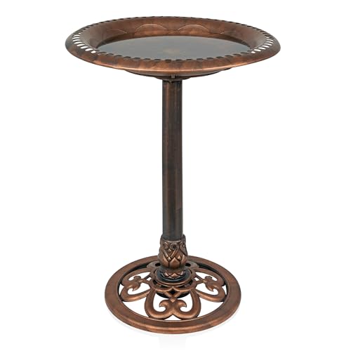 Alpine Corporation | 28" Bronze Outdoor Pedestal Birdbath with Scrollwork Base and Ground Stakes — Elegant Garden Décor, Durable Weather-Resistant Design for Lawn, Patio, or Yard - color: Bronze